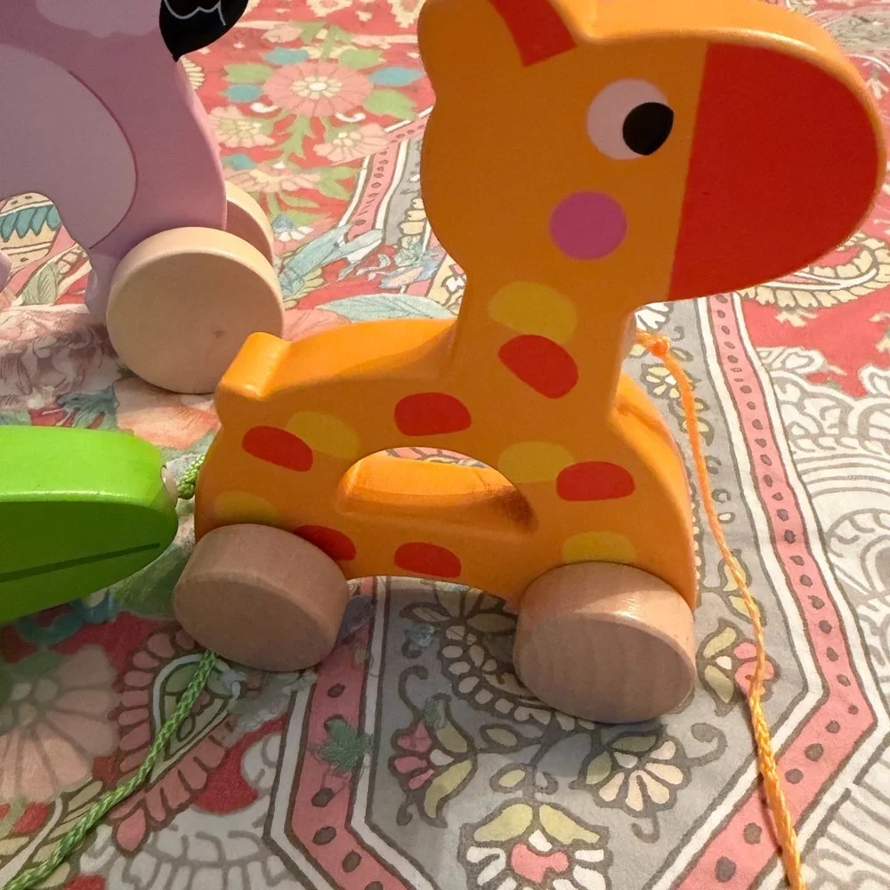 Colorful Wooden Animal Pull/ push Set giraffe, alligator, elephant, and bird